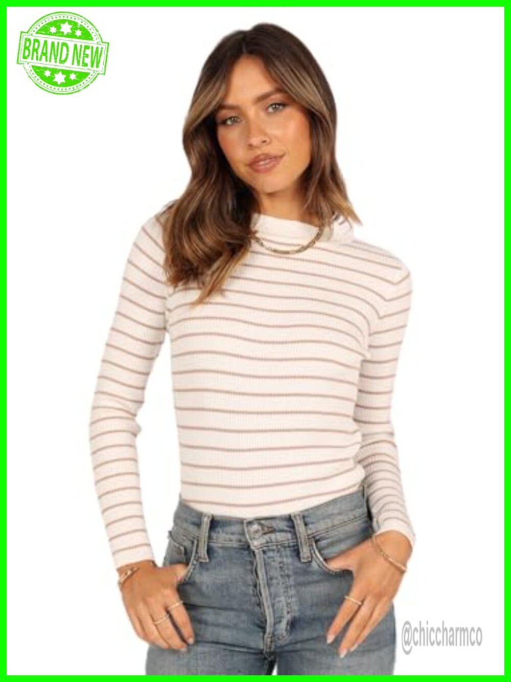 Ribbed Knit Mock Neck Long Sleeve Slim Fit Striped Stacie Top by Petal & Pup